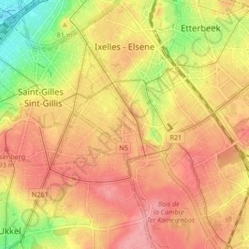 Topografische Karte Ixelles - Elsene, Höhe, Relief