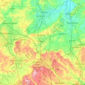 Topografische Karte Central Bedfordshire, Höhe, Relief