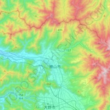 Topografische Karte 勝山市, Höhe, Relief